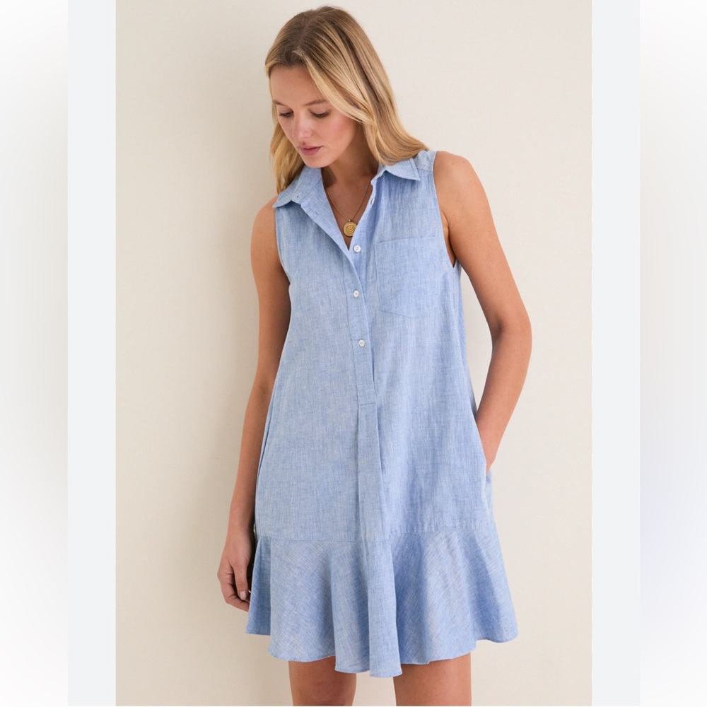 Tuckernuck Light Blue Sleeveless Collared Ruffle Hem Dress NWT